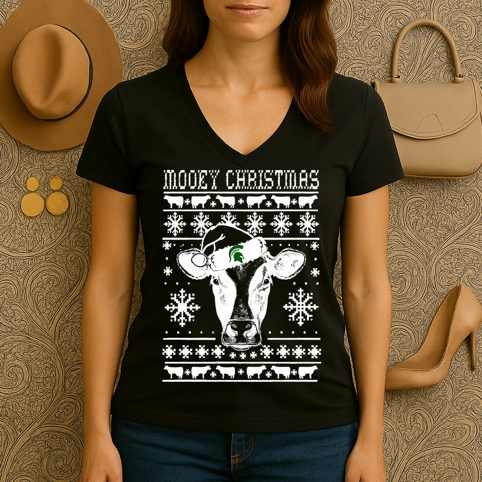 Mooey Christmas Michigan State Farmer Ugle Animals Cow Women's V-Neck T-Shirt
