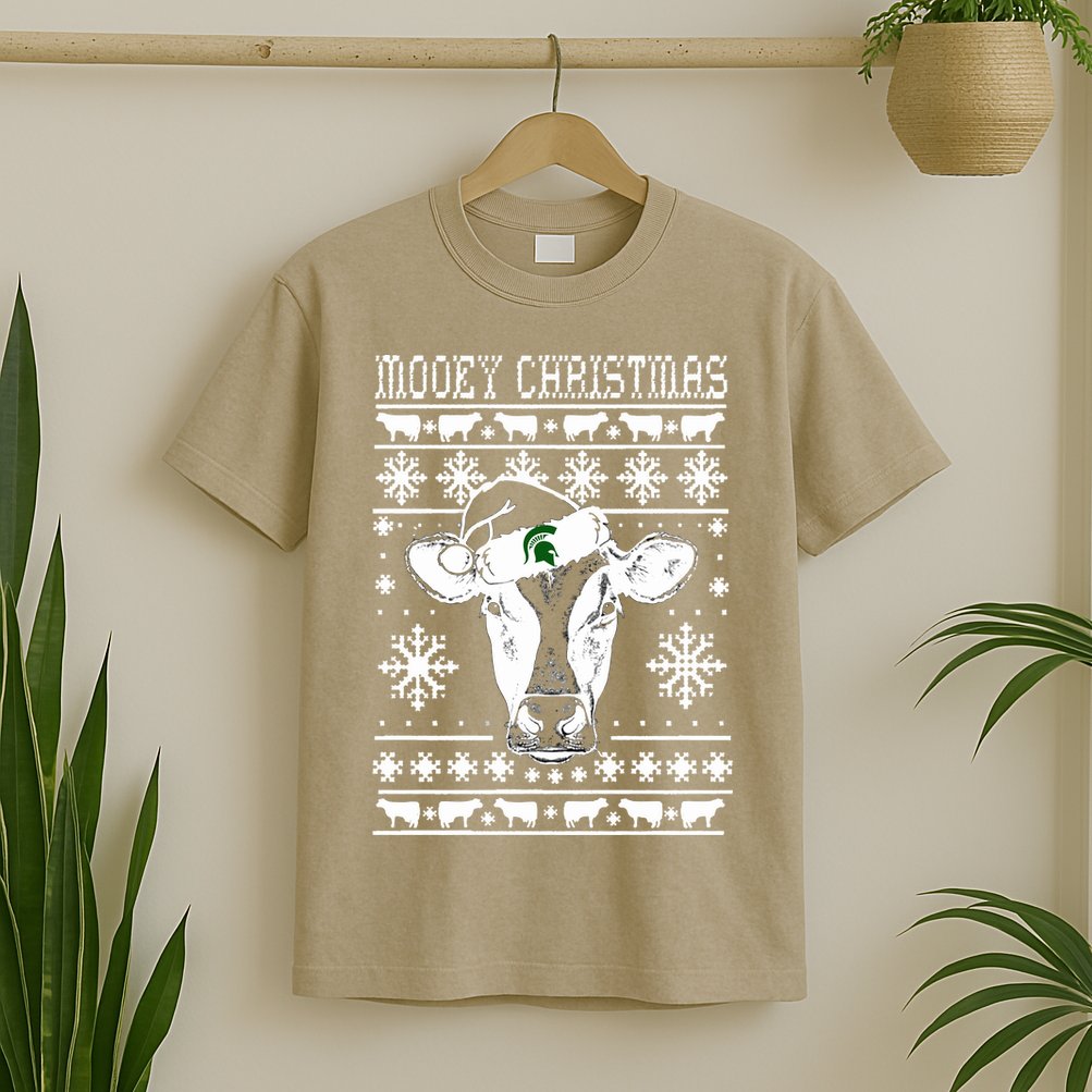 Mooey Christmas Michigan State Farmer Ugle Animals Cow T-Shirt