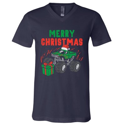 Merry Christmas Monster Truck Boy Xmas Winter V-Neck T-Shirt