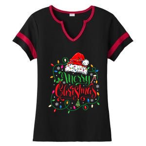 Merry Christmas Matching Family Santa Hat Lights Xmas Ladies Halftime Notch Neck Tee