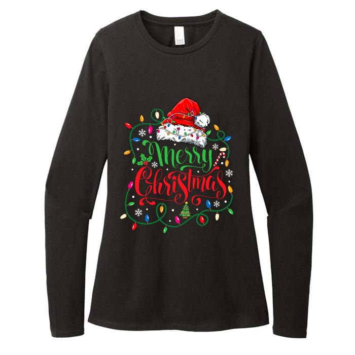 Merry Christmas Matching Family Santa Hat Lights Xmas Womens CVC Long Sleeve Shirt