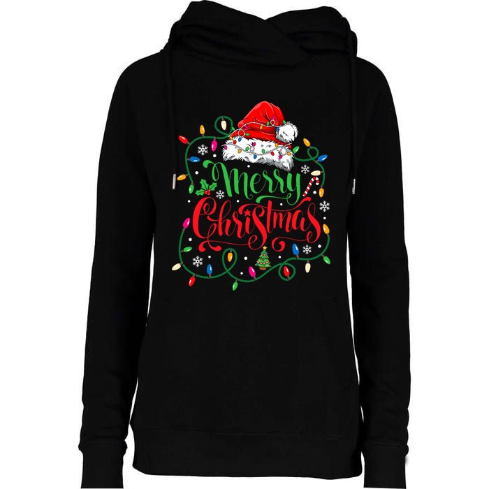 Merry Christmas Matching Family Santa Hat Lights Xmas Womens Funnel Neck Pullover Hood