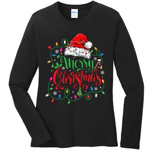 Merry Christmas Matching Family Santa Hat Lights Xmas Ladies Long Sleeve Shirt