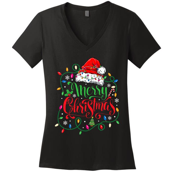 Merry Christmas Matching Family Santa Hat Lights Xmas Women's V-Neck T-Shirt