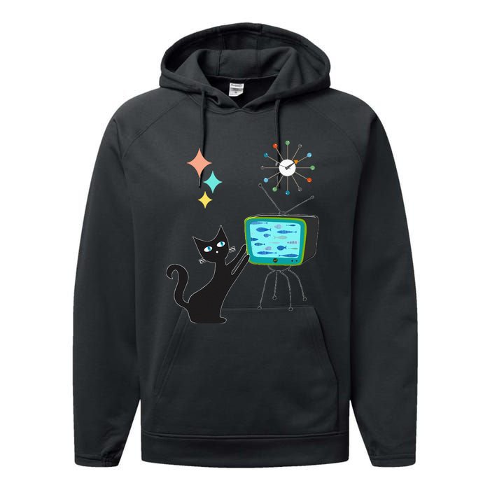 Mid Century Modern Retro Atomic Funny Cat With Fish TV Performance Fleece Hoodie