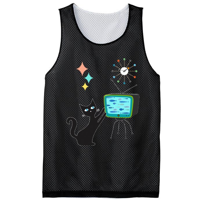 Mid Century Modern Retro Atomic Funny Cat With Fish TV Mesh Reversible Basketball Jersey Tank