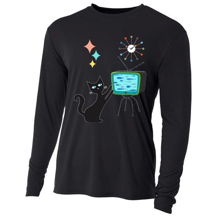 Mid Century Modern Retro Atomic Funny Cat With Fish TV Cooling Performance Long Sleeve Crew