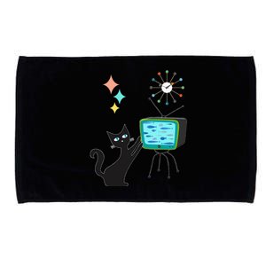 Mid Century Modern Retro Atomic Funny Cat With Fish TV Microfiber Hand Towel