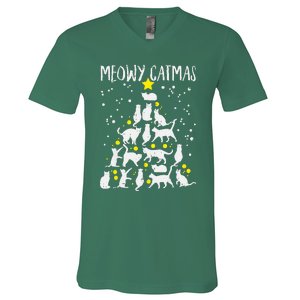 Merry Catmas Meow Christmas Tree Catmas Cat Christmas Xmas V-Neck T-Shirt