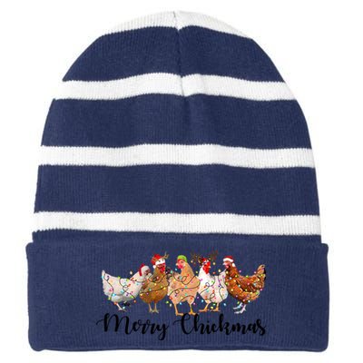 Merry Chickmas Merry Christmas Chicken Christmas Lights Long Sleeve Striped Beanie with Solid Band