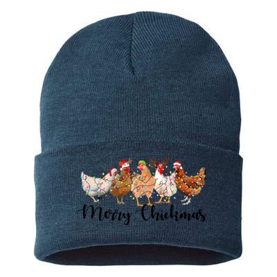 Merry Chickmas Merry Christmas Chicken Christmas Lights Long Sleeve Sustainable Knit Beanie