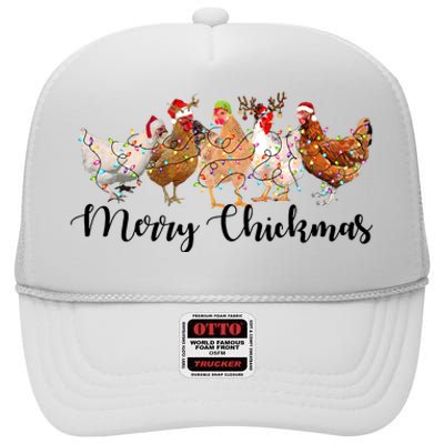 Merry Chickmas Merry Christmas Chicken Christmas Lights Long Sleeve High Crown Mesh Back Trucker Hat