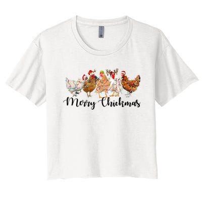 Merry Chickmas Merry Christmas Chicken Christmas Lights Long Sleeve Women's Crop Top Tee