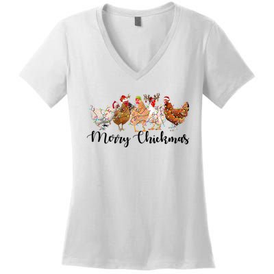 Merry Chickmas Merry Christmas Chicken Christmas Lights Long Sleeve Women's V-Neck T-Shirt