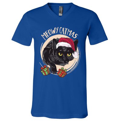 Meowy Catmas Merry Catmas Black Cat Christmas Funny Xmas Gift V-Neck T-Shirt