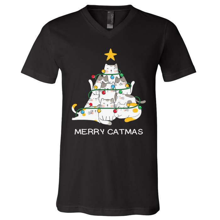 Merry Catmas Merry Christmas Funny Christmas Light V-Neck T-Shirt