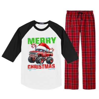 Merry Christmas Monster Truck Funny Xmas Santa Hat Raglan Sleeve Pajama Set