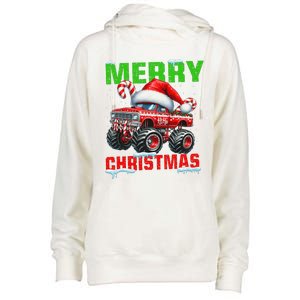 Merry Christmas Monster Truck Funny Xmas Santa Hat Womens Funnel Neck Pullover Hood