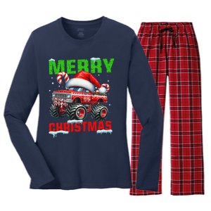 Merry Christmas Monster Truck Funny Xmas Santa Hat Women's Long Sleeve Flannel Pajama Set 