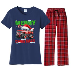 Merry Christmas Monster Truck Funny Xmas Santa Hat Women's Flannel Pajama Set