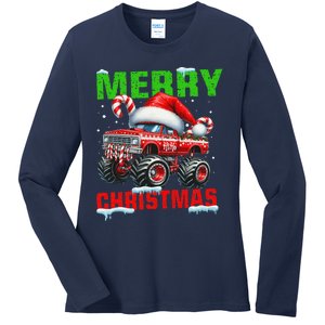 Merry Christmas Monster Truck Funny Xmas Santa Hat Ladies Long Sleeve Shirt