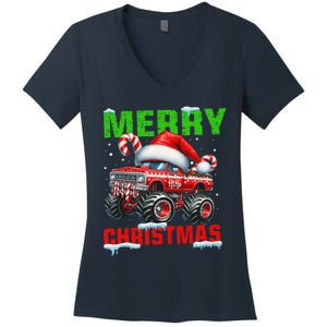 Merry Christmas Monster Truck Funny Xmas Santa Hat Women's V-Neck T-Shirt