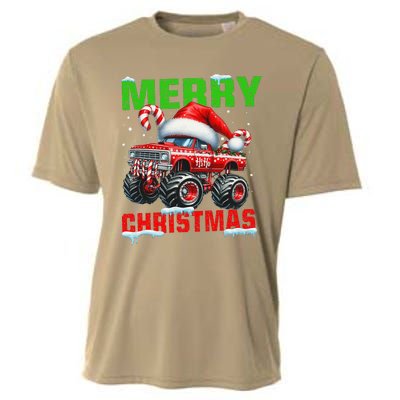 Merry Christmas Monster Truck Funny Xmas Santa Hat Cooling Performance Crew T-Shirt