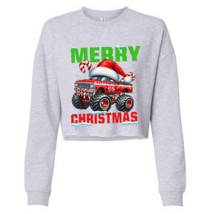 Merry Christmas Monster Truck Funny Xmas Santa Hat Cropped Pullover Crew