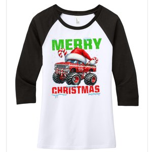 Merry Christmas Monster Truck Funny Xmas Santa Hat Women's Tri-Blend 3/4-Sleeve Raglan Shirt