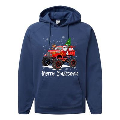 Merry Christmas Monster Truck Reindeer Santa Xmas Pajamas Meaningful Gift Performance Fleece Hoodie