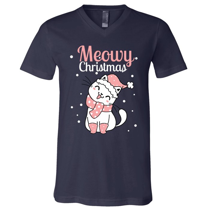 Meowy Catmas Meowy Xmas Winter Holidays Reindeer Cat Lovers V-Neck T-Shirt