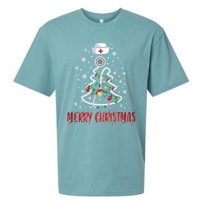 Merry Christmas Nurse Gift Stethoscope Tree Lights Xmas Meaningful Gift Sueded Cloud Jersey T-Shirt