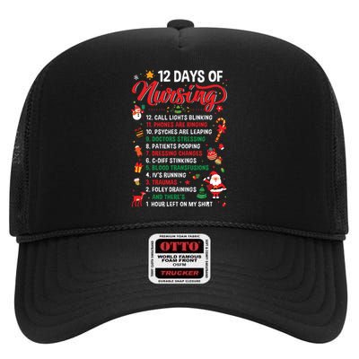 Merry Christmas Nurse Xmas 12 Days Of Nursing Pajamas Women High Crown Mesh Back Trucker Hat