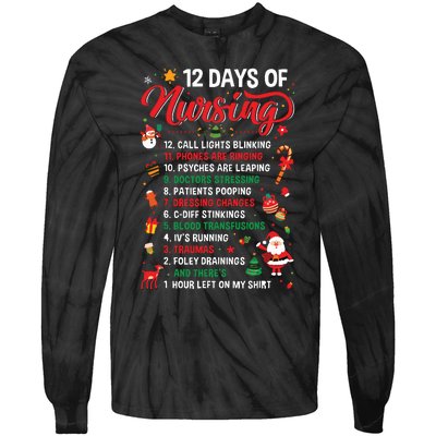 Merry Christmas Nurse Xmas 12 Days Of Nursing Pajamas Women Tie-Dye Long Sleeve Shirt