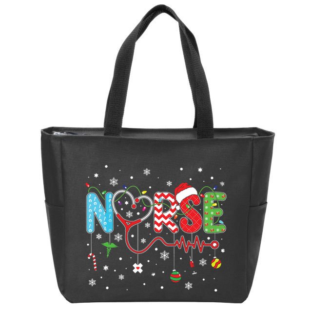Merry Christmas Nurse Xmas Scrub Nurse Christmas Pattern Zip Tote Bag