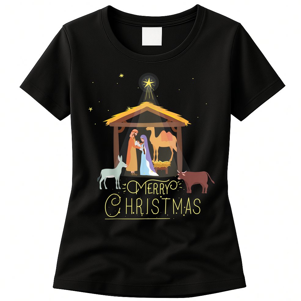 Merry Christmas Nativity Scene North Star Baby Jesus Womens T-Shirt