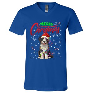 Merry Christmas Newfoundland Dog Santa Hat Lights Snowflakes Cute Gift V-Neck T-Shirt