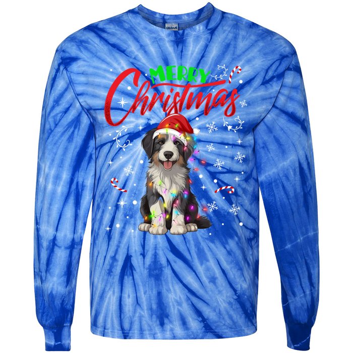 Merry Christmas Newfoundland Dog Santa Hat Lights Snowflakes Cute Gift Tie-Dye Long Sleeve Shirt