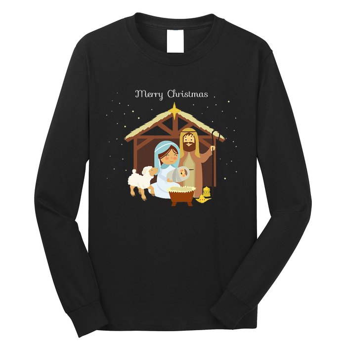 Merry Christmas & Nativity Scene Christian Faith Holiday Long Sleeve Shirt