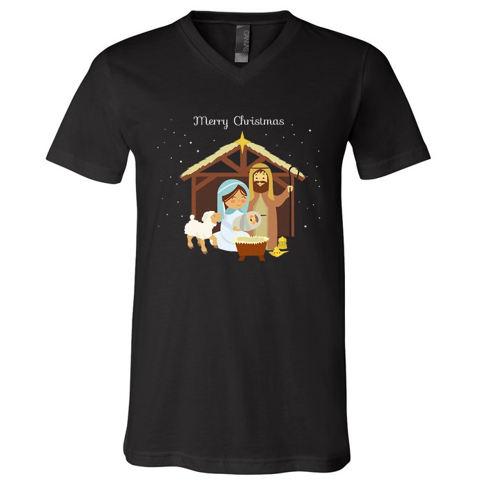 Merry Christmas & Nativity Scene Christian Faith Holiday V-Neck T-Shirt