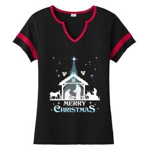 Merry Christmas Nativity Scene North Star Jesus Cute Gift Ladies Halftime Notch Neck Tee