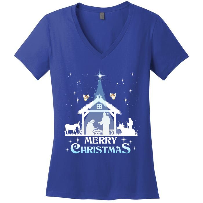 Merry Christmas Nativity Scene North Star Jesus Cute Gift Women's V-Neck T-Shirt