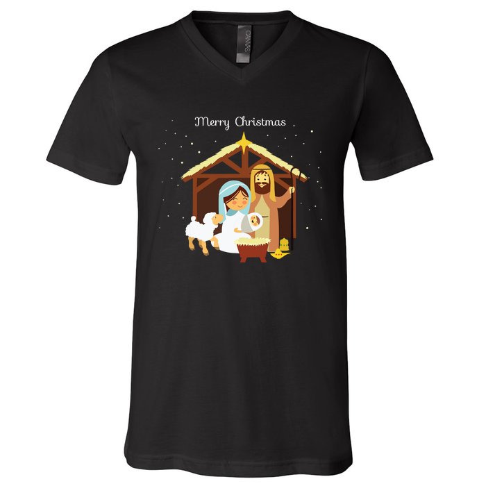 Merry Christmas Nativity Scene Christian Faith Holiday V-Neck T-Shirt