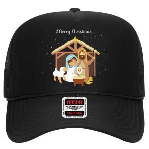 Merry Christmas Nativity Scene Christian Faith Holiday High Crown Mesh Back Trucker Hat