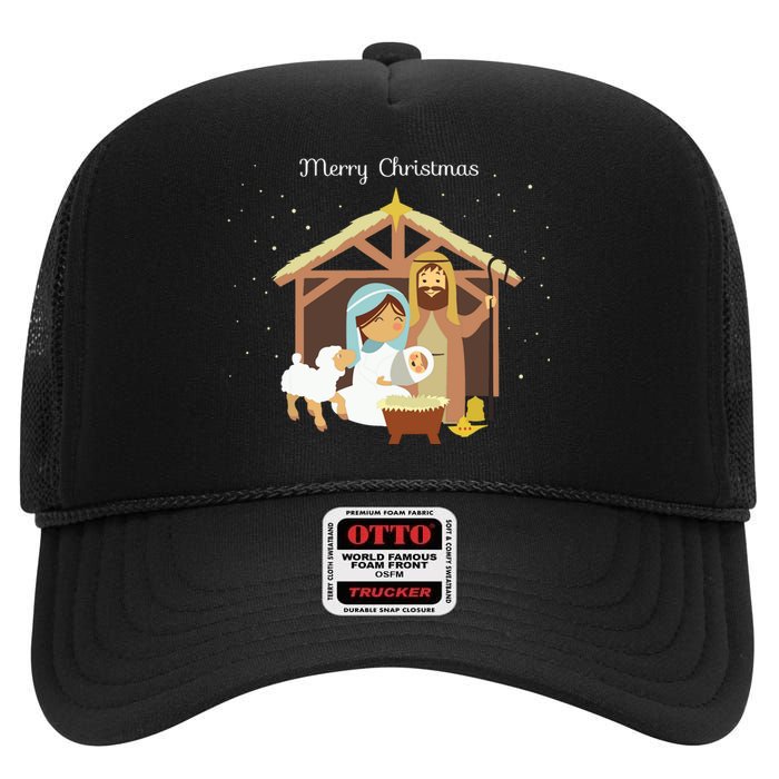 Merry Christmas Nativity Scene Christian Faith Holiday High Crown Mesh Back Trucker Hat