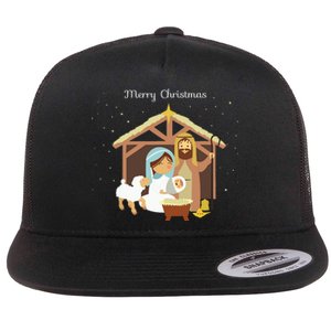 Merry Christmas Nativity Scene Christian Faith Holiday Flat Bill Trucker Hat