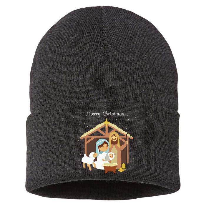 Merry Christmas Nativity Scene Christian Faith Holiday Sustainable Knit Beanie