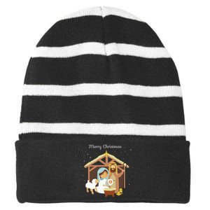 Merry Christmas Nativity Scene Christian Faith Holiday Striped Beanie with Solid Band