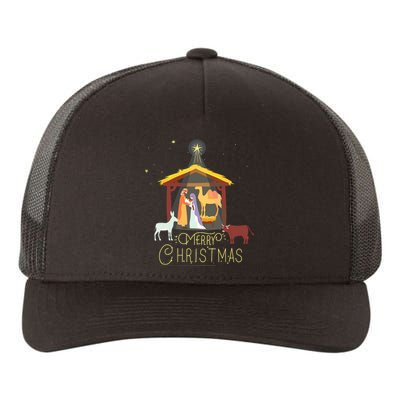 Merry Christmas Nativity Scene North Star Baby Jesus Short Sleeve Yupoong Adult 5-Panel Trucker Hat