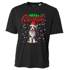 Merry Christmas Newfoundland Dog Santa Hat Lights Snowflakes Funny Gift Cooling Performance Crew T-Shirt